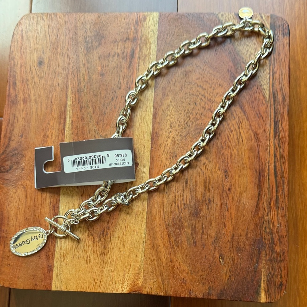 Silver Tone Chain Necklace with Toggle and Logo Charm
